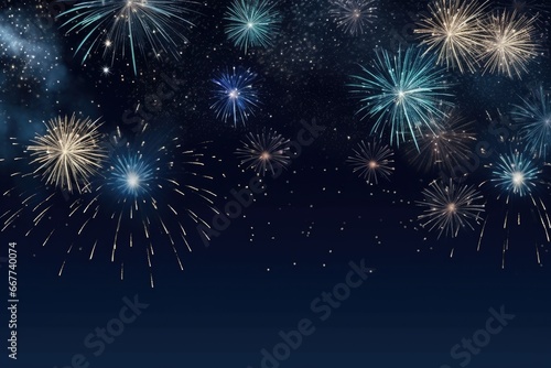 Multicolored festival celebration fireworks background at night time