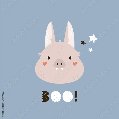 Childish print, hand drawn vector illustration with portrait of mischief bat