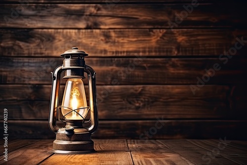old vintage rusty kerosene black lamp on brown wooden table, rustic backdrop with free space