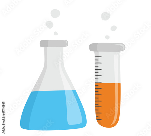 Cute hand drawn chemistry science laboratory test glass tube. Set of laboratory flasks cartoon.