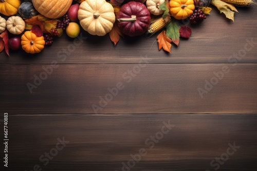 Thanksgiving day background with empty copy space. Pumpkin and sleepy chicken and other greenery.