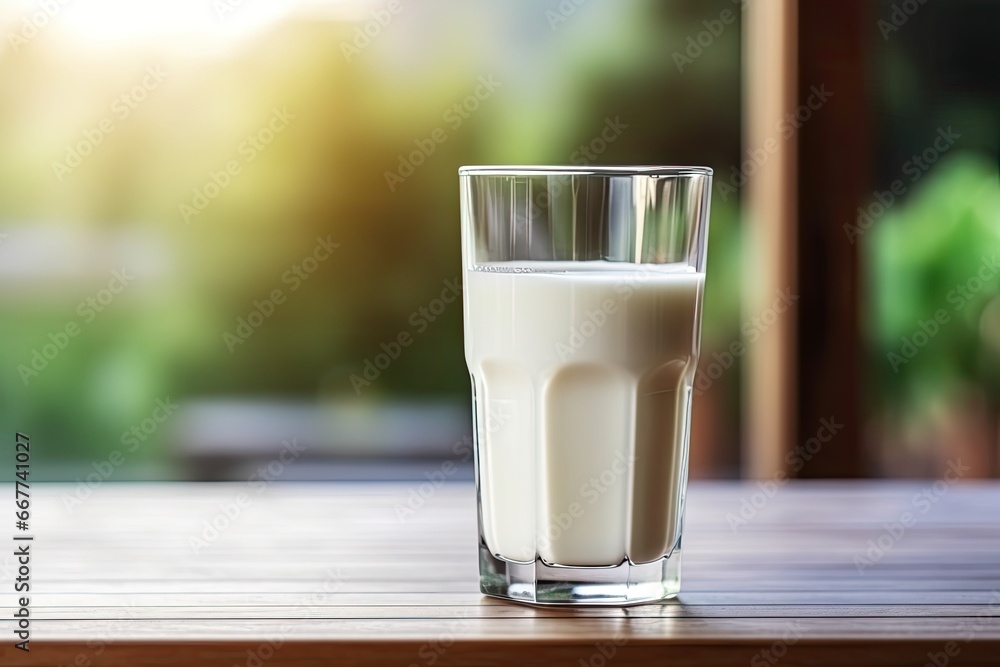 Banner image of fresh milk in a glass on a beige wooden table with a blurry background of rural grass.