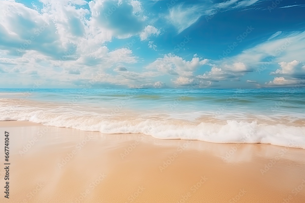 Summer beach, view of blue sky, clouds and waves