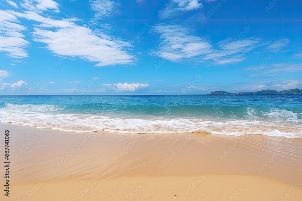 Summer beach, view of blue sky, clouds and waves