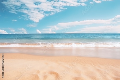 Summer beach, view of blue sky, clouds and waves