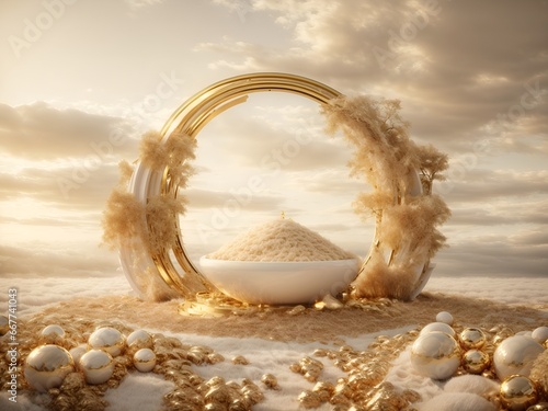 Goldene Schale mit Nahrung in der Wüste gegen den Welthunger