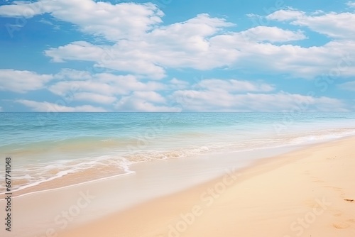 Summer beach, view of blue sky, clouds and waves