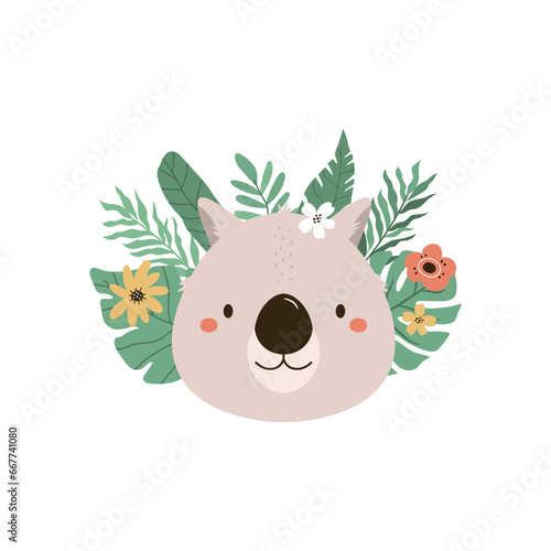 Childish print, vector illustration with a portrait of a funny wombat in tropical leaves