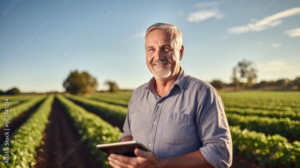 Farmer holding tablet at Farmland in the morning, happy farmer in the field, farmer portrait Farmer holding tablet at Farmland in the morning, happy farmer in the field, farmer portrait
