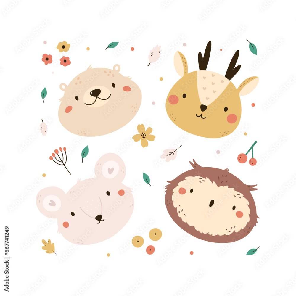 Childish print, vector illustration with portraits of forest animals - owl, mouse, deer, bear and botanical elements Childish print, vector illustration with portraits of forest animals - owl, mouse, deer, bear and botanical elements