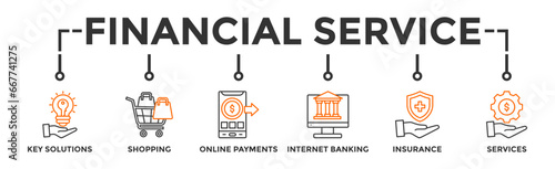 Financial service banner web icon vector illustration concept with icon of key solutions, shopping, online payments, internet banking, insurance and services