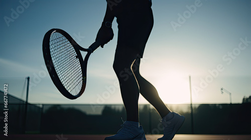 close up of a racket, silhouette of a Tennis Player on a court