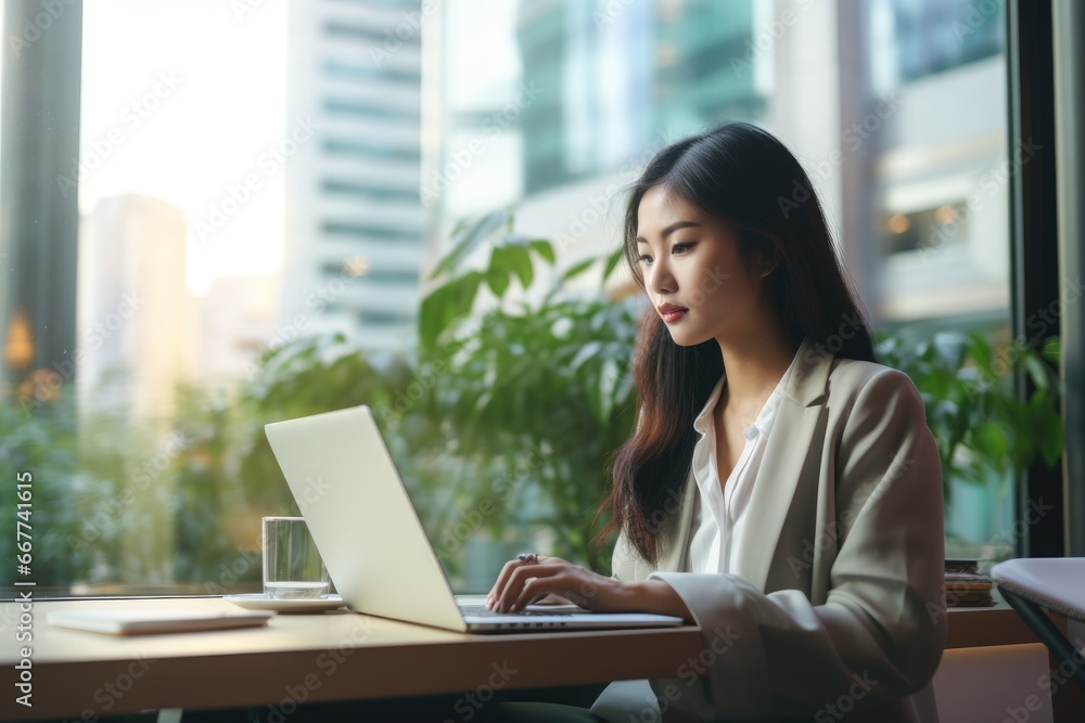 Woman Sitting at Table Working on Laptop Woman Sitting at Table Working on Laptop
