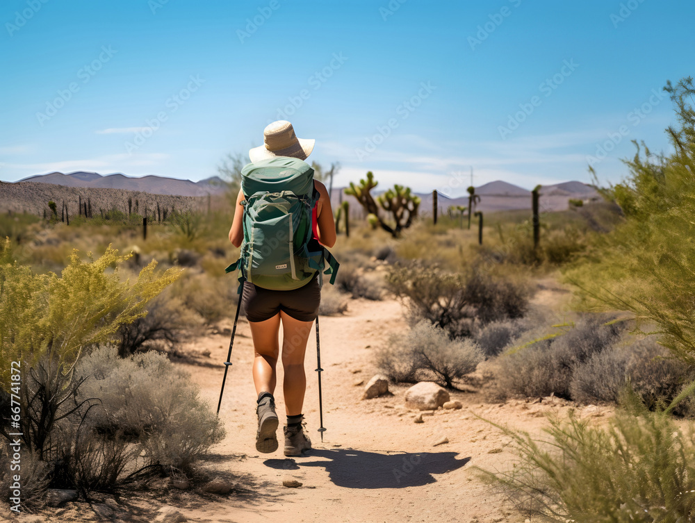 A woman hiker seen from back, walking in a beautiful desert landscape