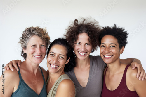 Four diverse women posing together in front of a white background.
