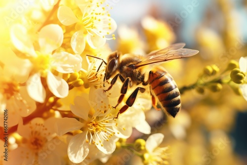 bee collects nectar on a sunny day, wild insect life