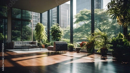 Wide modern living room with sofa, armchair and big glass wall with trees and sky scrapers outside, sunny day, generative AI.