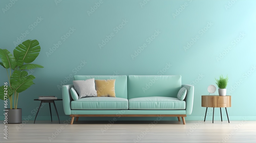 Light green sofa with plants against green wall with art poster, generative AI.