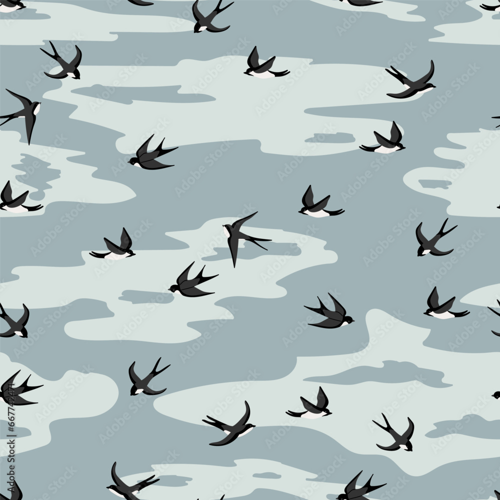Flying swallows vector seamless pattern. Bird in flight texture.