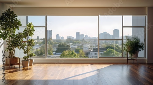 Wide empty room or living room with plants and big window give us view of the city skyscrapers, generative AI