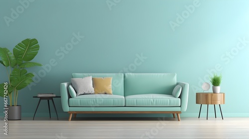 Light green sofa with plants against green wall with art poster  generative AI.