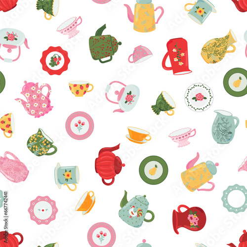Ceramic crockery texture. dishes, antique plates, milk jugs, cups, mugs, teapots and kettles vector seamless pattern