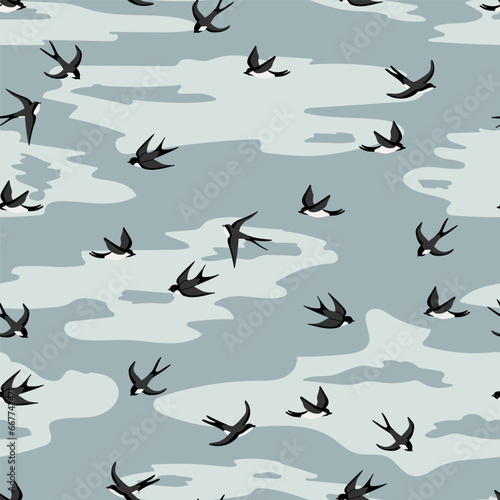 Flying swallows vector seamless pattern. Bird in flight texture.