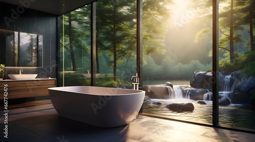 Modern interior bathroom with cascades outside, trees and plants, sunny day, generative AI. © Yacine