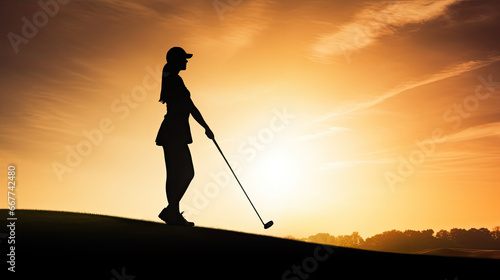 Woman Golfer in Action, golf field and black silhouette contrast with the orange sky of the sunset during a golf training 