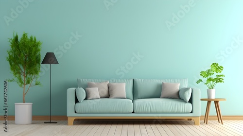 Light green sofa against green wall with plants  wooden floor  generative AI.