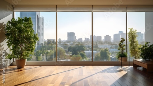 Wide empty room or living room with plants with sunlight coming from balcony or glass wall, skyscrapers outside, generative AI.
