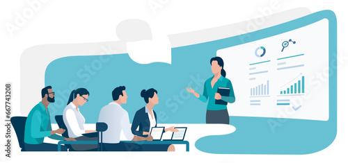 Education, presentation, meeting. The business team listens to the teacher, female leader. Vector illustration. 