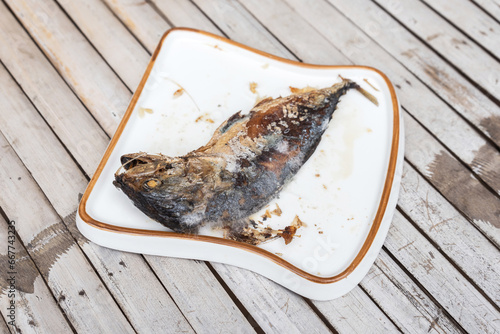 The food waste. Remains of fried fish. Fried mackerel that was forgotten on the table was spoiled and moldy in a white plate the shape of bread. photo