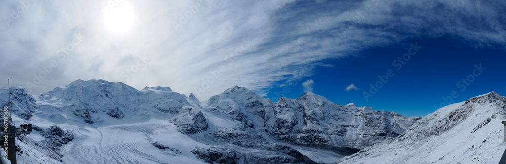 Panorama view of Bernina range from Diavolezza, from left to right: Piz Trovat, Piz Palü, Bellavista, Crast' Agüzza, Piz Bernina, Piz Prievlus and Piz Morteratsch. 