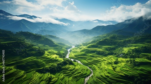 An aerial view of a vast and lush rice field  Generative AI