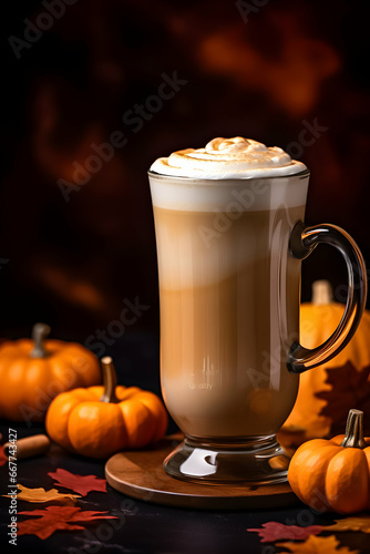 A pumpkin latte, in a transparent cup, captures the play of light and shadows as the warm, earthy tones blend with a frothy top, creating an inviting and visually pleasing composition.
