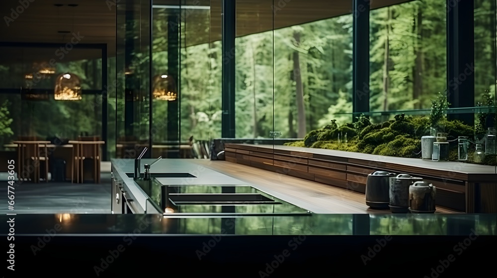 Large wide modern interior kitchen design with long counter with dark sink and dining table against glass wall, with forest outside, generative AI.