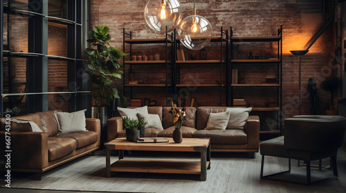  Brick Walls  Leather Couch  Factory Theme  Industrial Style  Rustic Charm  Vintage Decor  Urban Chic  Exposed Brick  Warehouse Vibe  Masculine Design  Raw Materials  Steampunk Elements  Loft Living  