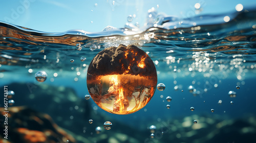 Sphere with fiery explosion in a calm ocean