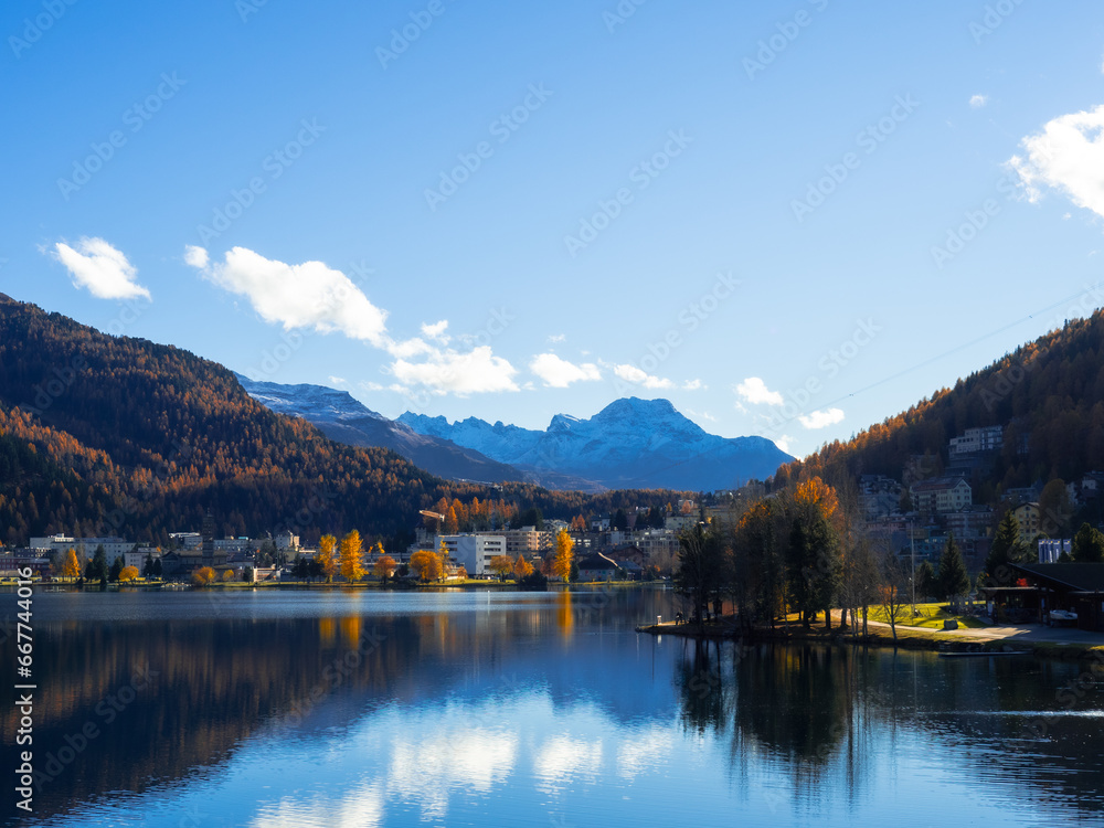 Beautiful view of St.Moritz lake in autumn afternoon. The town is a ski resort town located in the Engadine Valley in Switzerland.