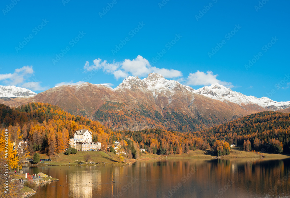 Magnificent autumn atmosphere of St.Moritz, famous and luxury ski resort town, located in the upper Engadin valley in the south-eastern corner of Switzerland.