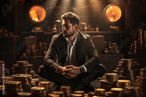 Worried man in between coins. Concept of trading with bitcoins. 