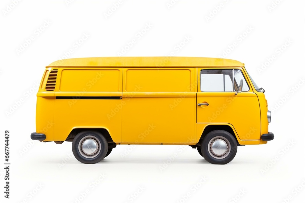 Yellow van with blank sides against white background. Generative AI