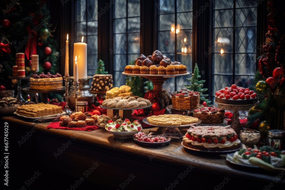 Fototapeta premium Thanksgiving Food and Dessert for party invitation, Christmas party celebration with dinner meal on table, Happy new year and Xmas scene, wooden table full of food and treats.