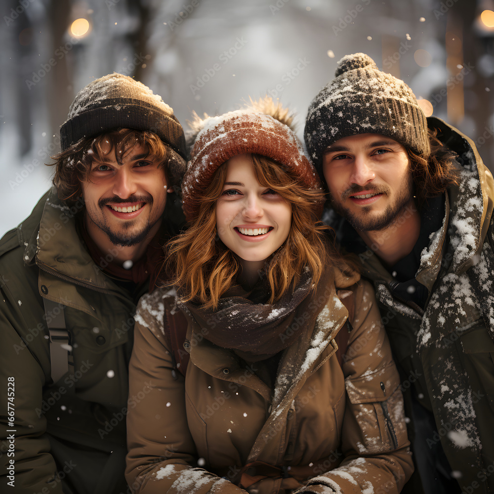 Group of friends enjoying time outdoors in winter, young people walking in the park Group of friends enjoying time outdoors in winter, young people walking in the park