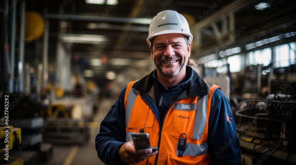 Portrait of a happy factory worker wearing hard hat and work clothes standing besides the production line.Factory worker wearing a safety helmet Portrait of a happy factory worker wearing hard hat and work clothes standing besides the production line.Factory worker wearing a safety helmet
