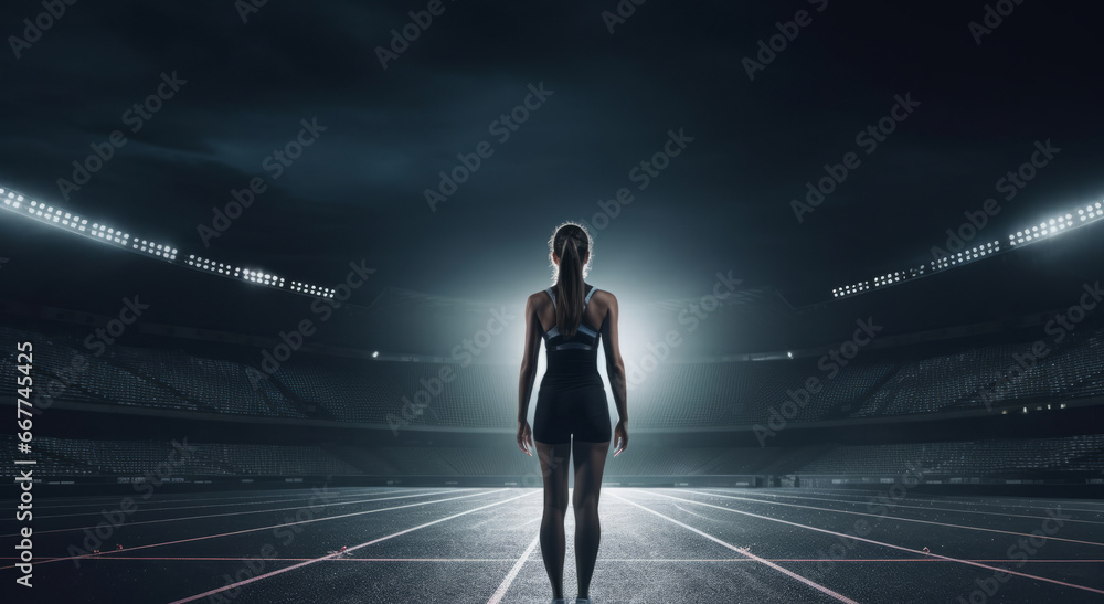 Fototapeta premium Editorial back view of woman standing on track at night. Fitness, runner Concept.