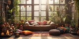 AI Generated. AI Generative. Modern vintage boho style living room architecture design interior with color sofa and many plants. Graphic Art