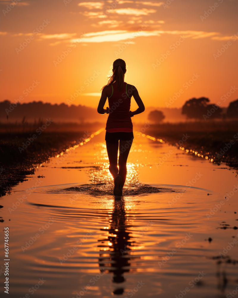 Healthy Lifestyle at Sunset: A Woman Running in path with water, training before night, orange light atmosphere