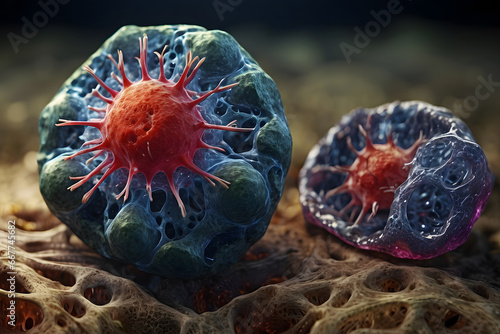 Two blue cells with big nucleus on an organic material. 3D rendered, AI generated.